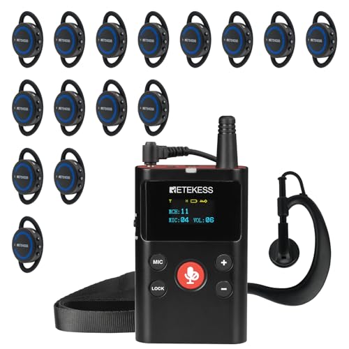 Retekess TT126 Tour Guide Syetem with TT126R Ear Receiver, Digital Technology, Tour Guide Headsets for Factory, Church (1 Transmitter and 15 Ear Receivers)