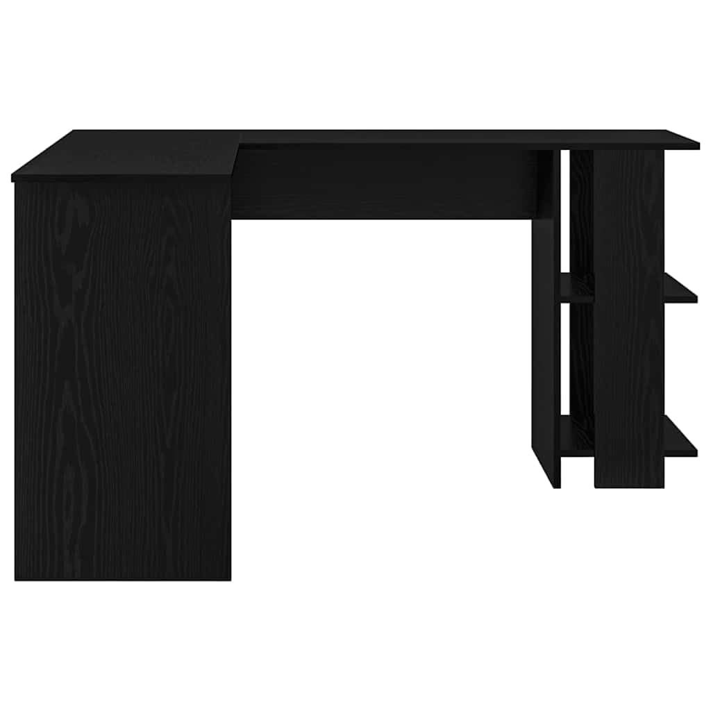 Scrivania angolare nera effetto rovere, in legno, 140 x 113,5 x 75 cm, con scaffale, moderna scrivania da ufficio per casa e studenti, tavolo da lavoro compatto per lavorare in modo efficiente