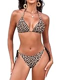 Svanco Bikini para Mujer 2 Piezas Top Triangulo con Tirantes al Cuello, Relleno y Perlas Doradas, Tanga para Atar para Playa