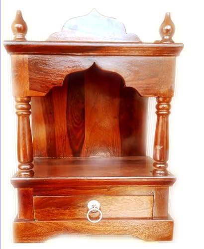 Image of Sheesham Wood Temple with with 1 Drawer Storage for Puja Ghar Wooden Mandir for Home (Natural Finish)
