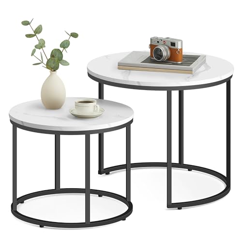 Home Collective Couchtisch 2er Set Rund Beistelltisch Loft Design 2 in 1 Verschachtelung Kratzfeste Oberfläche, Wohnzimmer | 53cm und 43cm Breit Marmor Optik mit schwarzen Beinen