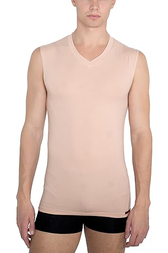 Men's Invisible Sleeveless v-Neck Business Undershirt Stretch Cotton Nude Beige
