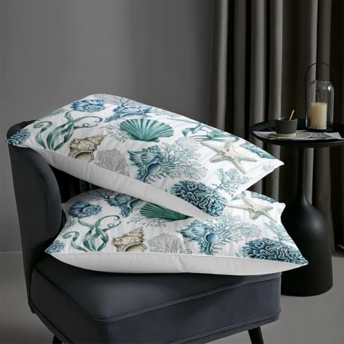 Image of AILONEN Teal Shell Collage Full Comforter Set, Seahorse Coral Artwork Bedroom Ensemble, 3 Piece Microfiber Down Alternative Fill for Adults Apartment Residents