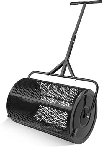 24" Heavy Duty Peat Moss Spreader - Metal Mesh Roller for Compost & Top Soil, Push/Tow Spreaders, Ideal for Lawn Care & Yard Sifting, Durable Garden Tool