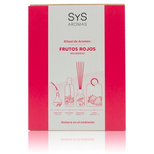 Pack Aroma Frutos Rojos SYS Aromas. Ambientador de Coche, Pulverizador, Mikado y Sachet. Fragancia Dulce y Afrutada Duradera. Para el Hogar.