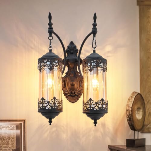 Image of Antique Gothic 2-Light Amber Glass Wall Sconce for Bedroom | Rustic Farmhouse Black Wall Light Fixture, Vintage Decorative Metal Wall Lamp for Hallway, Living Room, Entryway, Mirror
