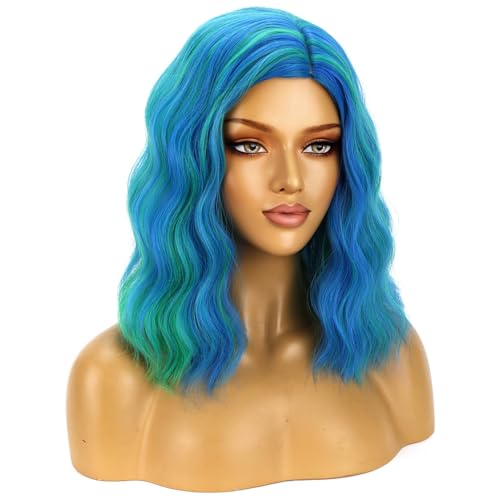 Image of BERON Green and Blue Wigs for Women Girls Short Curly Wavy Hair Wig Colored 14 inch Body Wave Halloween Cosplay Daily Party Wigs