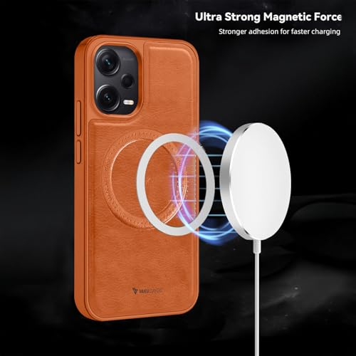 Image of Vaku Luxos Maxtron Back Cover Case for Xiaomi Redmi Note 12 Pro Leather Stitched Magnetic Magsafe TPU Shockproof Case Camera Screen Protector- Brown