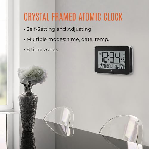 Marathon CL030060BK Crystal Framed Atomic Wall Clock, Black - Large, 7.5-Inch Display - Am/Pm Or 24-Hour Time Format, Eight Time Zones, Indoor Temperature & Humidity thumb #1