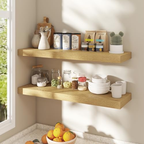 Image of Dreamland 36 Inch Floating Shelves for Wall,8 Inch Deep Floating Shelves,36 inch W x 8 inch D Wall Shelves for Bedroom,Living Room,Kitchen,Bathroom,Oak Color,Set of 2
