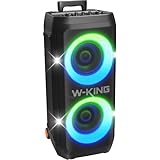 W-KING Tragbare Bluetooth-Lautsprecher-Box mit 370W MAX Pro Sound, Lichtshow, CSB, Bass Boost, Rollen und Teleskopgriff – 25H Laufzeit, Schnellladung, MIC&Guitar in,Party Lautsprecher für innen&außen
