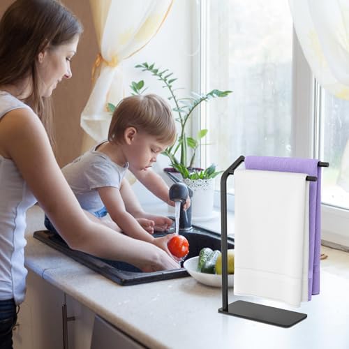 Foto de LSK Toallero de mano, soporte para toallas de baño negro, soporte de toalla curvado en forma de F con base pesada, 16.6 pulgadas (imagen 7)