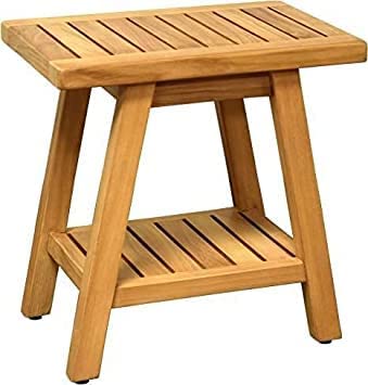 WOODZEN Teak Wooden Shower Seat Bench/Stool with Shelf for Balcony,Garden,Indoor and Outdoor (18.1 x 11.8 x 18.1 inch)