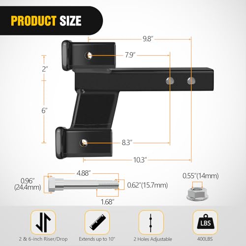 Image of Nilight Trailer Dual Hitch Extender for 2 Inch Receiver with 2 inch 6 inch Rise or Drop with Bolt Nut Clip 10,000 lbs Capacity Adjustable Extend 8 inch 10 inch Length Matte Black Powder Coated