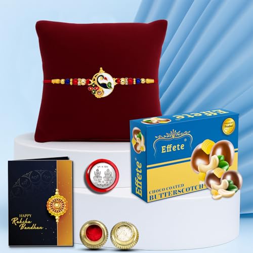 Image of DeoDap Multicolor Oval Flower Rakhi Bracelet Roli with Chocolate Butter Scotch 32gm, Silver Pooja Coin, Tilak Set, Greeting Card - Rakhi Gift for Brother