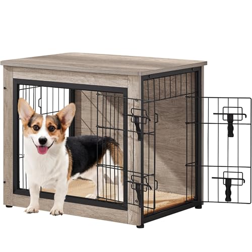 Yaheetech Gabbia per Cani Kennel Tavolino Armadietto con Doppie Porte Gatti a Rete in Legno da Interno 69 × 51 × 61 cm Grigio