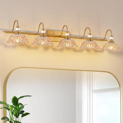 Image of Vintage Bathroom Vanity Light, 5-Light Matte Brass Finish Vanity Light with Floral Amber Glass Shades, Retro Wall Mount Lighting for Bathroom, Living Room