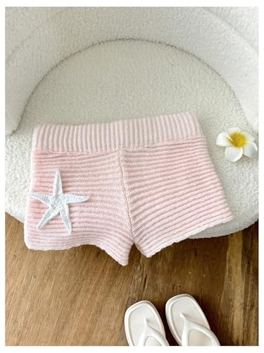 GORGLITTER Women's Star Patched Crochet Shorts Elastic Low Waist Beach Coverup Shorts Pink Large2