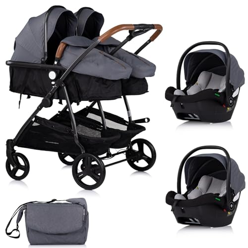 DUO SMART Cochecito para gemelos o niños de edades cercanas ancho 79 cm Gris + 2 acogedores i-Size gris