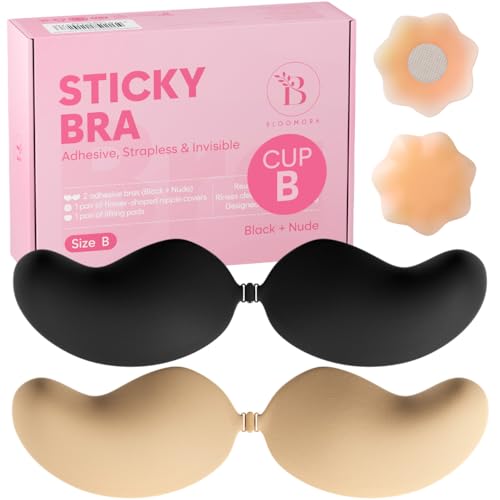 BLOOMORA Sujetador Adhesivo Push Up – Sujetador Invisible sin Tirantes y Espalda Descubierta, 2 Pares Sujetadores de Silicona con Clip + Pezoneras Adhesivas, Negro & Beige - Copa B
