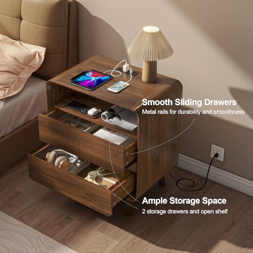 Image of Nasonet Night Stand with Charger Station, Mid Century Modern Nightstand with 2 Drawers, Wood Bedside Table for Bedroom, Curved Beveled Design, Walnut