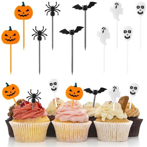 60 Pcs Halloween Cake Decorations Party Cupcake Picks Pumpkin, Ghost, Bat, and Spider Themed Food Toppers for Cupcakes, Snacks, Bento, Fruit and Cake Decoration Halloween Parties decoration