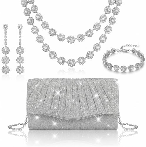 Whimsibelle 4 Pcs Purse Rhinestone Jewelry Set Prom Jewelry Glitter Bling Clutch Purse Bride Necklace Earrings Bracelets Ring Silver Sparkly Costume Kit for Women Bride Wedding Prom Evening Party