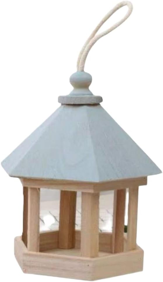 Wooden Hanging Bird Feeder, Hexagon Gazebo Style, Natural Wood, Outdoor Garden & Balcony Bird Feeding Station, 2 (Blue, 7.9 * 5.1 * 0.8in)