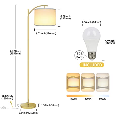 ROTTOGOON Floor Lamp for Living Room, LED Standing Lamp with White Lamp Shades Tall Industrial Floor Lamp Reading for Bedroom, Office, Study Room, 9W LED Bulb Included -Gold