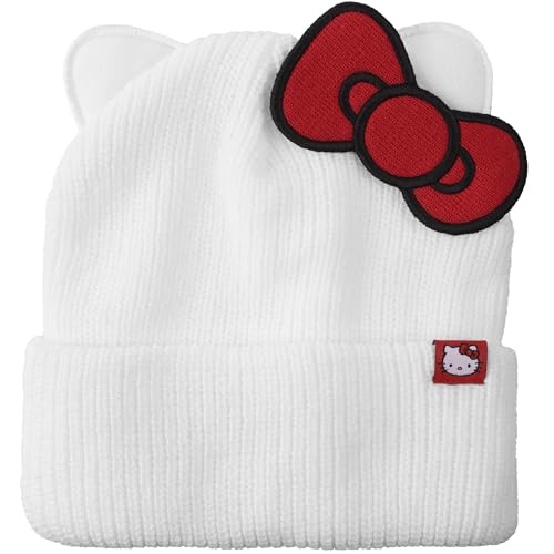 Bioworld Hello Kitty Novelty Ear White Acrylic Beanie with Cut Fabric Bow with Embroidery and Red Woven Label Cuff Beanie