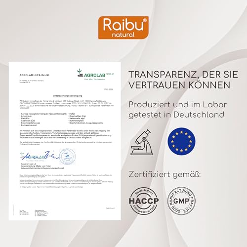 Vitamin B1 (Thiamin) Hochdosiert, 250 mg pro Kapsel - 6 Monatsvorrat: 180 vegane Kapseln - Premium Vitamin B1, hohe Bioverfügbarkeit & laborgeprüft - Ohne unerwünschte Zusätze, Raibu