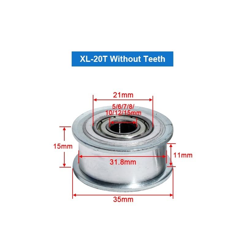 Durable 2pcs XL 20T Type Idler Pulleys, Width 11mm Bore 5/6/7/8/10/12/15mm Transmission Idler Pulley Bearing Timing Pulley (Size : 7mm, Style : with Teeth)