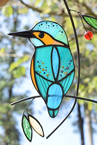 image for Lolitarcrafts Kingfisher Stained Glass Window Hangings Bluebird on Bra