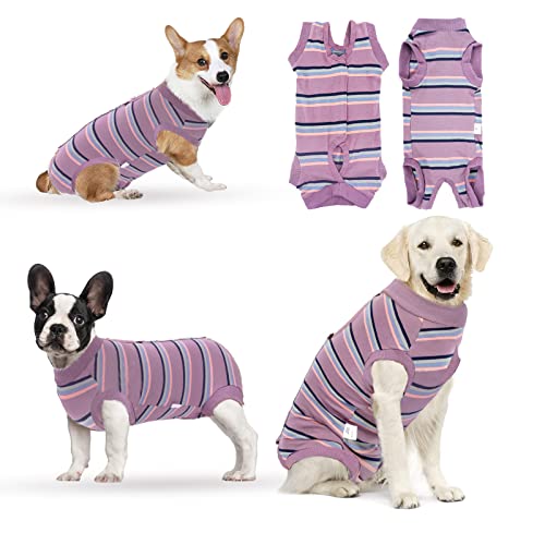 Hipetime Pijama para perro, traje de recuperación para perro después de la cirugía, cono de perro y collar electrónico con velcro y bolsa de red para perro hembra (morado, S)