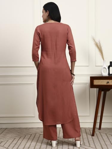 Image of idaLia Rayon Solid Straight Brown Kurta Set for Women with Palazzo 3 /4 Sleeve, Round V Neck Designer Kurta with Palazzo Pant Set