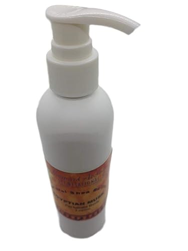 Loción perfumada de manteca de karité para manos y cuerpo - Múscula egipcia_Fragancia unisex_Botella con bomba de 8 onzas. El color de la botella es