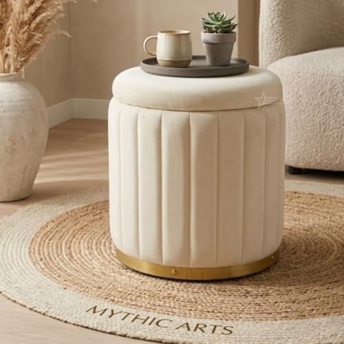 Image of Superior Round Storage Ottoman Stool 13 X 13X 16 inch, with Gold Metal Base | Elegant Pouffe with Secret Storage | Cushioned Footrest for Living Room, Bedroom, and Lounge Cream