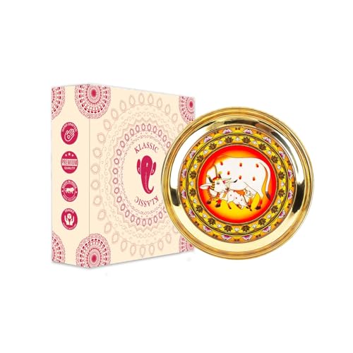 Image of Klassic 8 Inch Handcrafted Brass Thali /Aarti Plate | Cow Design, Beautifully Embossed Colorful Decorative Plate for Puja /Worship, Aarti, Karwa Chauth, Navratri, Diwali Gift | Medium(Pack of 1, Golden)