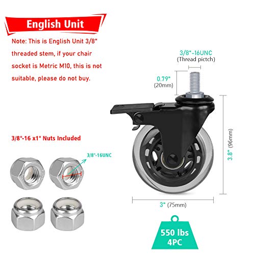 Hirate 3" M10+BRAKE_2P+N/B_2P+NUTS 3 Inch Caster With 3/8"-16Unc Threaded Stem(2 Casters With Brake Lock), 4 Pack Swivel Stem Casters With Nylon Lock Nuts thumb #1