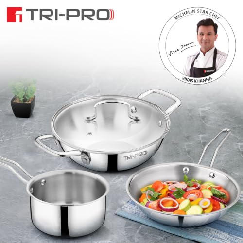 Image of TriPro TriPly Stainless Steel 4 Pcs Cookware Set - Kadai 22cm (2L) with Glass Lid, Frypan 22cm (1.2L), Saucepan 14cm (1L), Consumes Less Oil, Healthy Cooking - Induction and Gas Stove Ready
