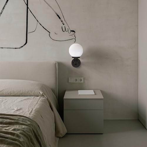 Image of Phansthy 1-Light Wall Sconce, Brass Boho Bathroom Vanity Light, Modern Wall Light with Globe Glass Shade E26 Base, Adjustable Wall Lighting Fixtures for Bedroom, Living Room (Black, White Shade)