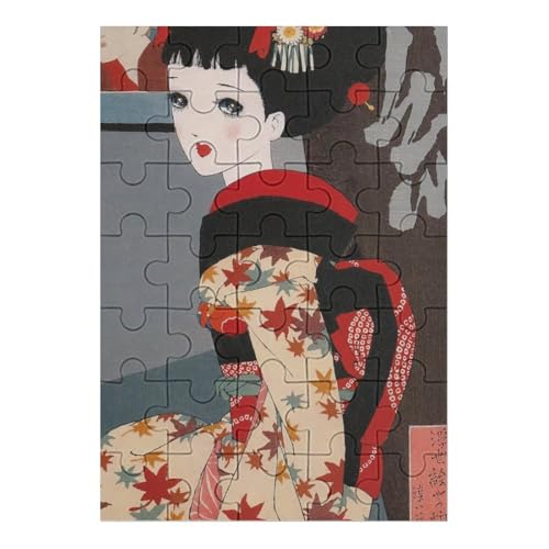 原淳一 娘十二ヶ月絵巻 十月 浮世絵やの娘 木製パズル パズル 娯楽 知育玩具 ストレス軽減 減圧 ジグソーパズル 装飾 室内装飾 壁飾り 誕生日プレゼント 初心者向け 子供 大人 35 PCS