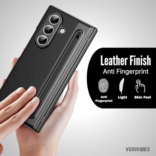 Image of Ultra Hybrid Luxury Leather Compatible with Samsung Galaxy Z Fold 7 (2025)| Built-in S Pen Holder | 360 Hinge Protection | Slim Shockproof Back Cover with Tempered Glass - Black