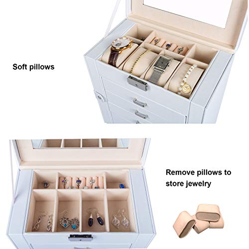 Homde Synthetic Leather Huge Jewelry Box Mirrored Watch Organizer Necklace Ring Earring Storage Lockable Gift Case (White) #TOP4