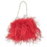 Bolso Con Plumas Bolso de mano plumas con cadena perlas, minibolso for fiesta, pequeño bolso peludo for novia, romántico for boda para la Fiesta(Red)