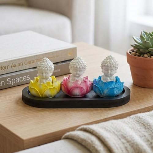 Image of eCraftIndia Set of 3 White Lord Buddha Idols in Lotus Base | Buddha Statues for Car Dashboard Office Home Decor | Gift for Diwali Housewarming Birthday
