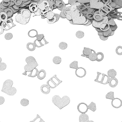 BEISHIDA 200Pcs I Do Engagement Confetti Wedding Table Confetti, Circle Dot Diamond Ring Heart Bridal Shower Party Decorations Men Women Bachelorette Table Scatter Party Supplies Shiny Glitter Silver