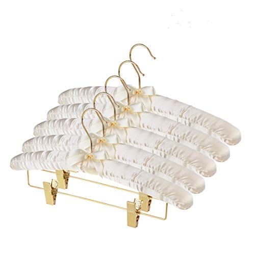 DEWEL スポンジハンガー サテンハンガー 布ハンガー クリップ付き リボン付き 布製 シルク ふっくらハンガー 耐久性 衣類収納 たんす用 クローゼット ディスプレイ用 ホテルアメニティ 家庭用 客間 5本セット