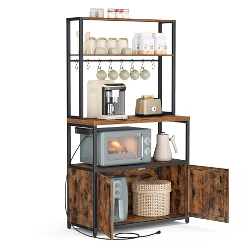 Image of VASAGLE Kitchen Bakers Rack with Power Outlet, Coffee Bar with 35.4-Inch High Worktop, Microwave Stand with 8 Hooks, 15.7 x 31.5 x 66.9 Inches, Rustic Brown and Ink Black UKKS059K01