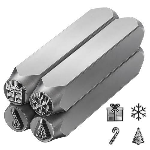 Zonon 4 Pcs 6mm Christmas Metal Stamps Christmas Theme Metal Stamping Kit Christmas Tree Snowflake Gift Box Candy Cane Signature Metal Punch Stamping Kit for Jewelry Leather Wood DIY Stamping Making